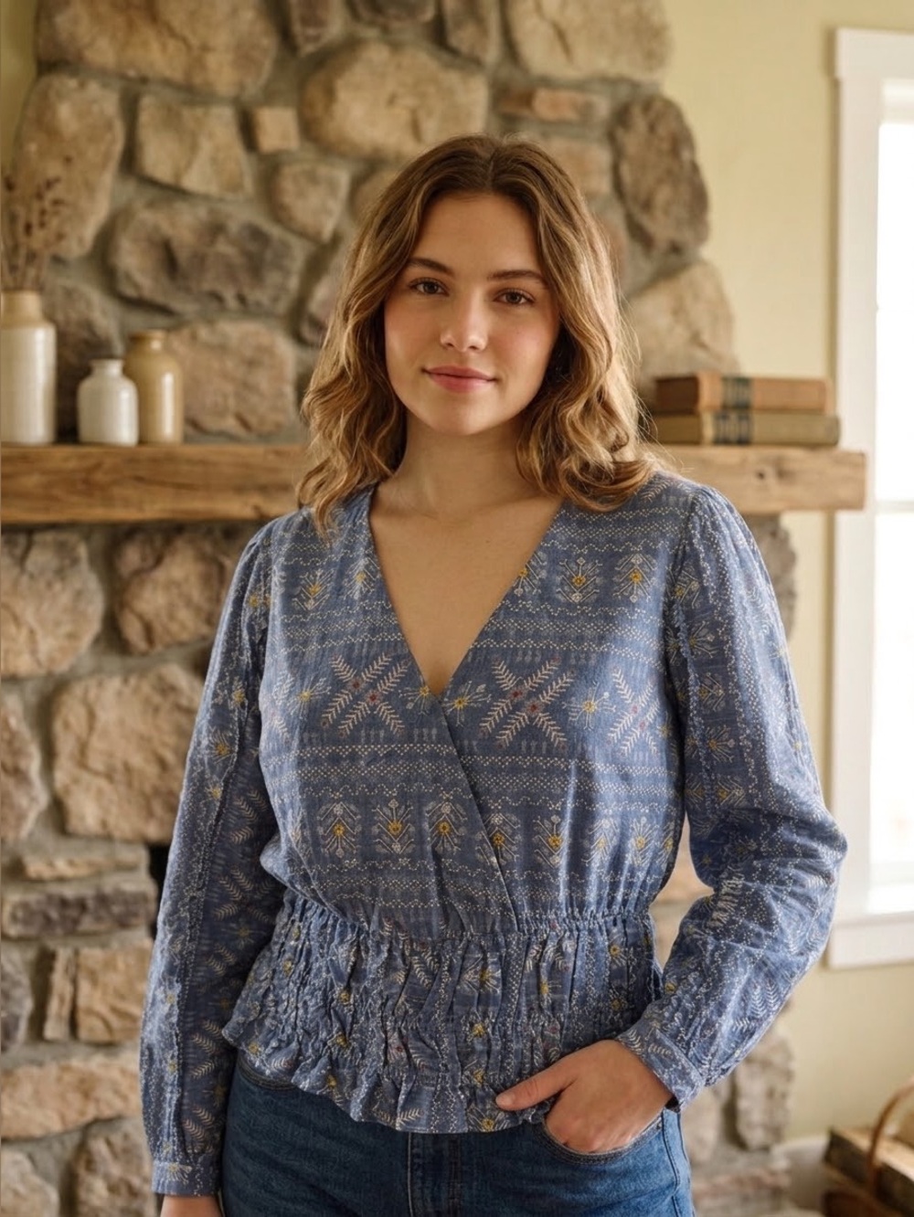 Anthropologie Forever that girl blue Aztec V-Neck Smocked Hem Crop Top SzL
